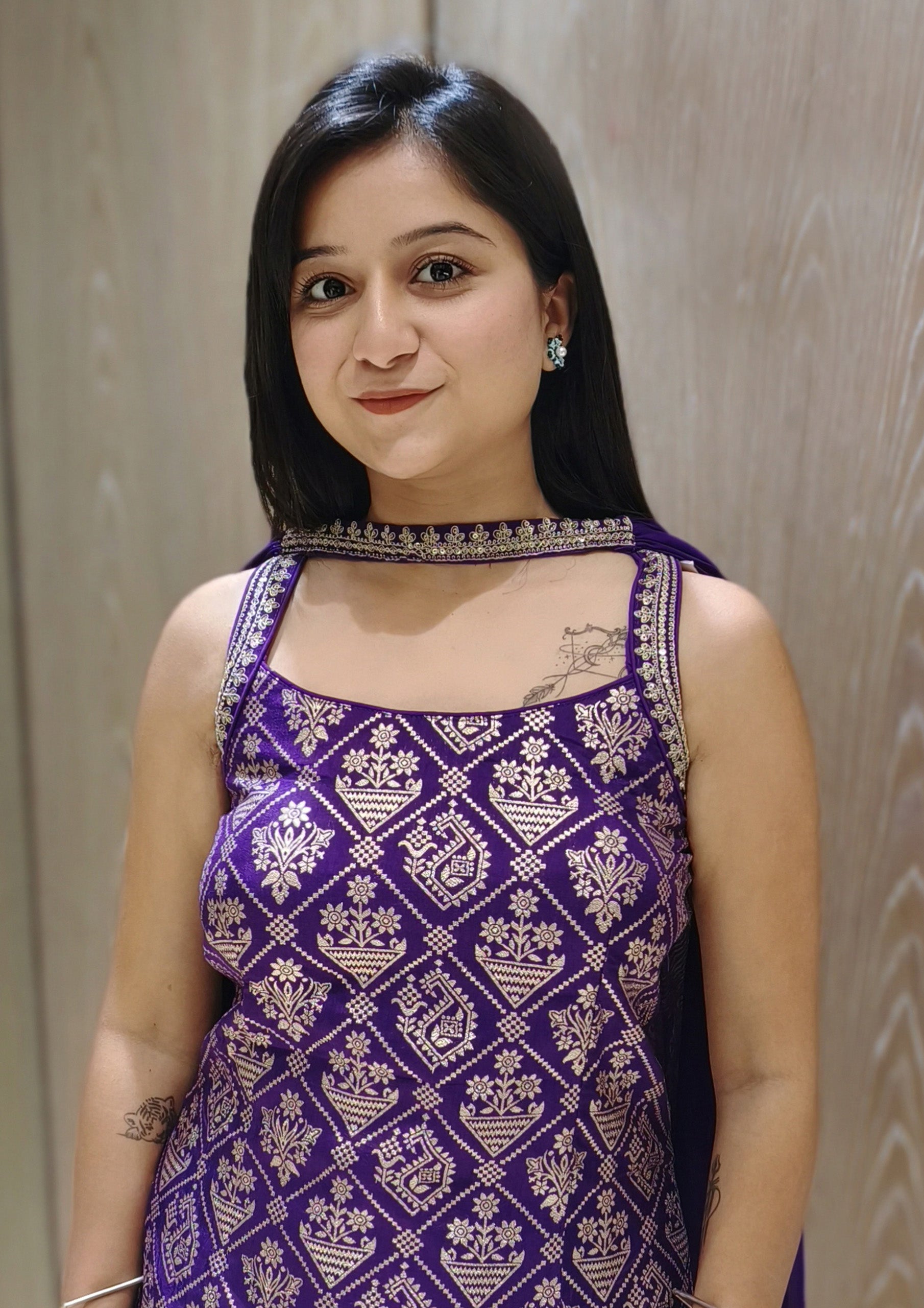 Purple Color Georgette And Silk Brocade Weaving Work Suit